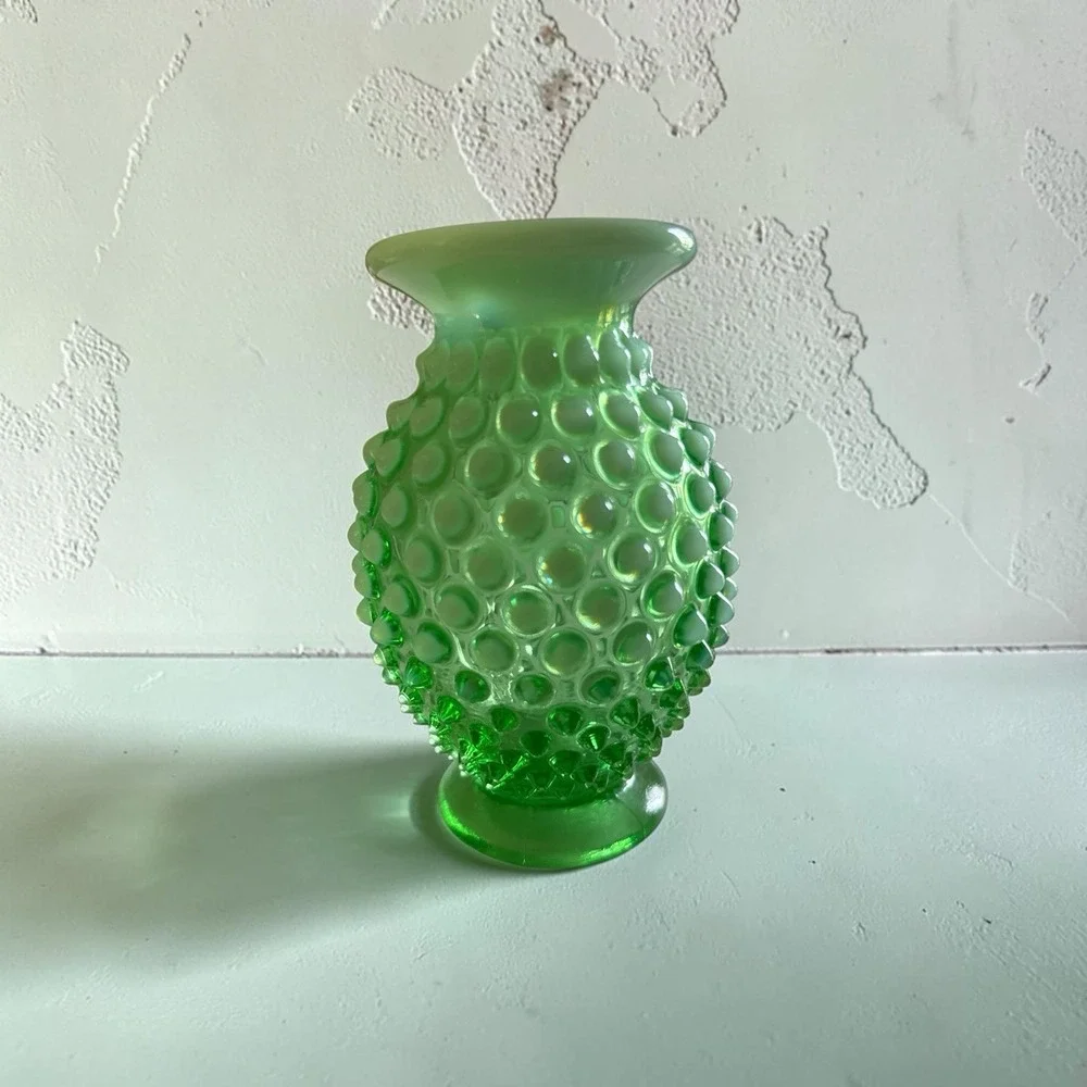 Vintage Fenton Art Glass Green Opalescent Hobnail Glass Uranium Vase #14